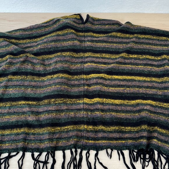 Kensie Striped Black Green Yellow Poncho Fringe Hem Blanket Shawl Button Details - Picture 10 of 13
